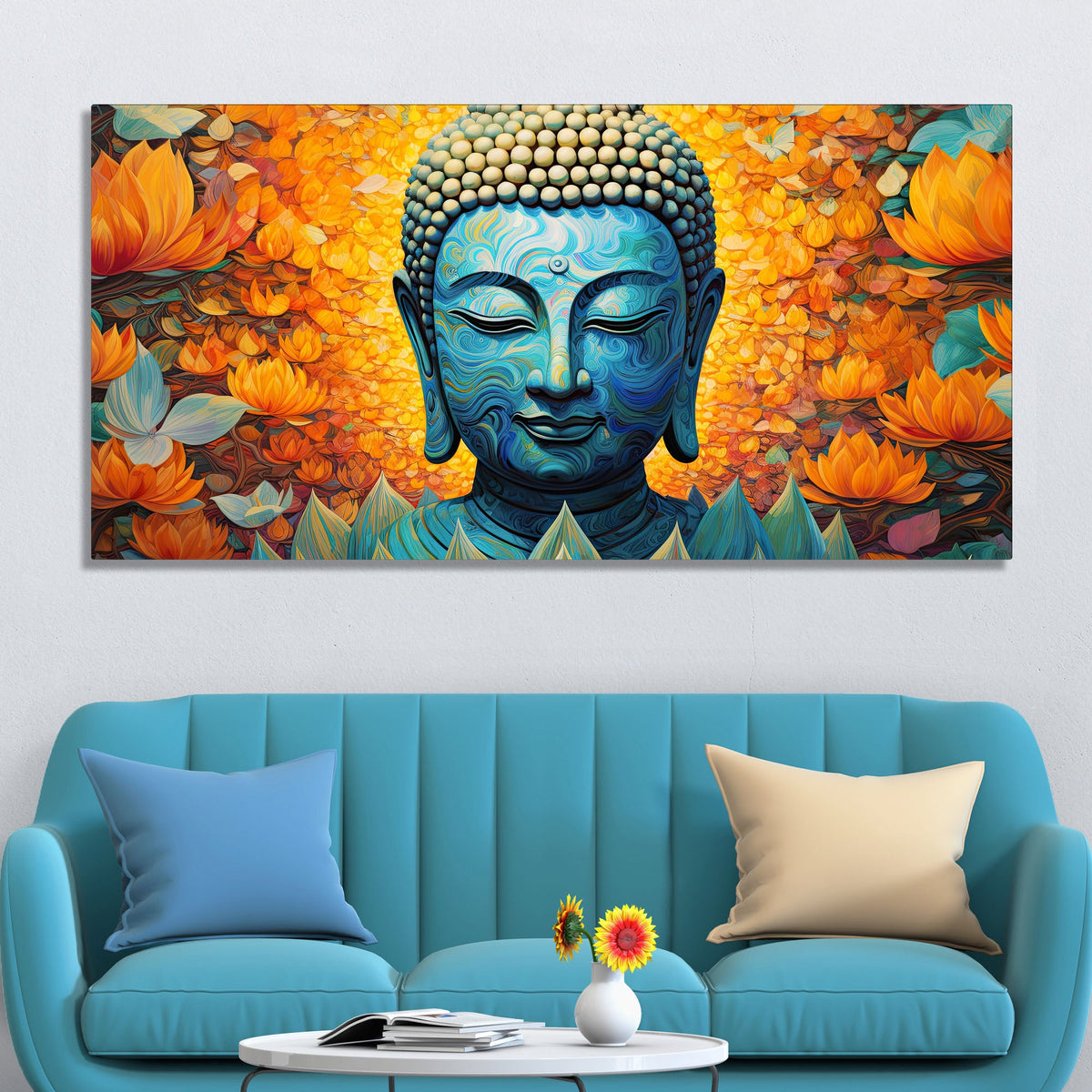 Buddhist Statue with Lotus Flowers Background Canvas Wall Painting