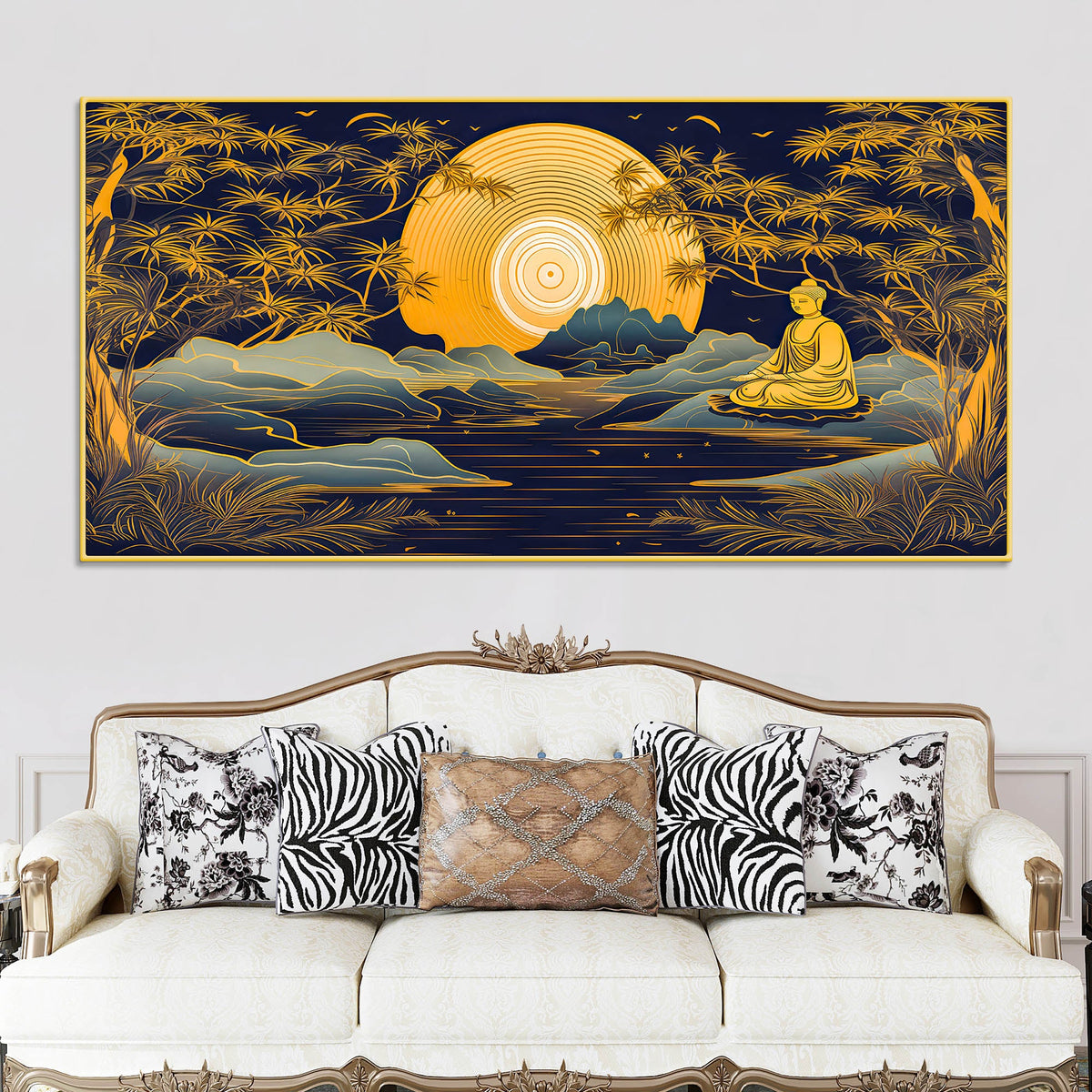 Calming Buddha Canvas Painting with Moonlight & Nature