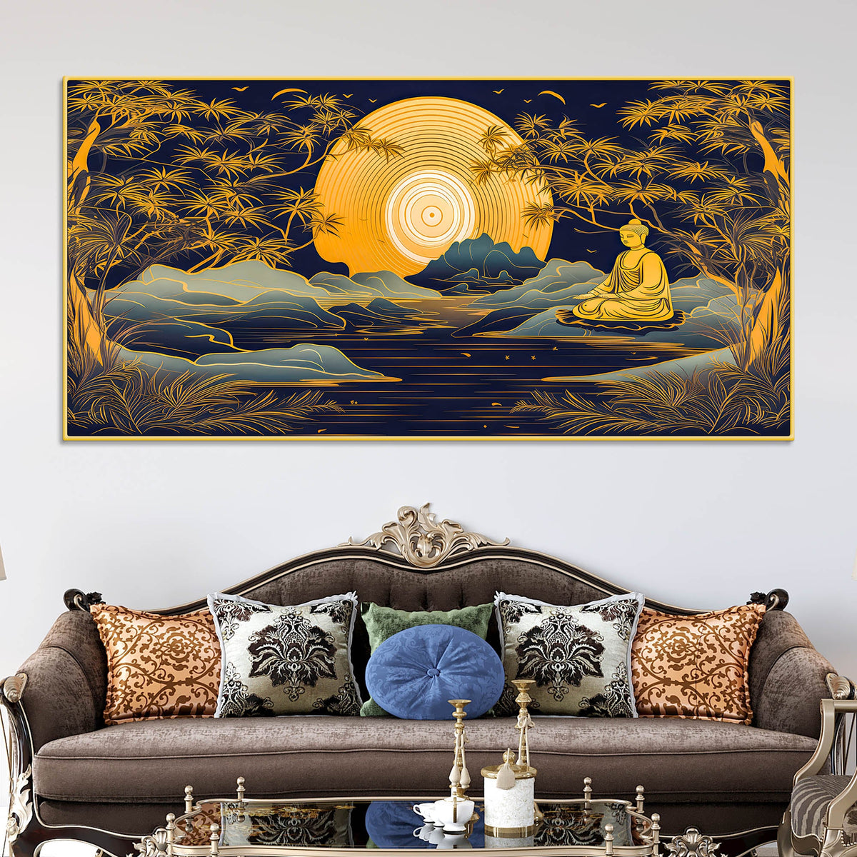 Calming Buddha Canvas Painting with Moonlight & Nature