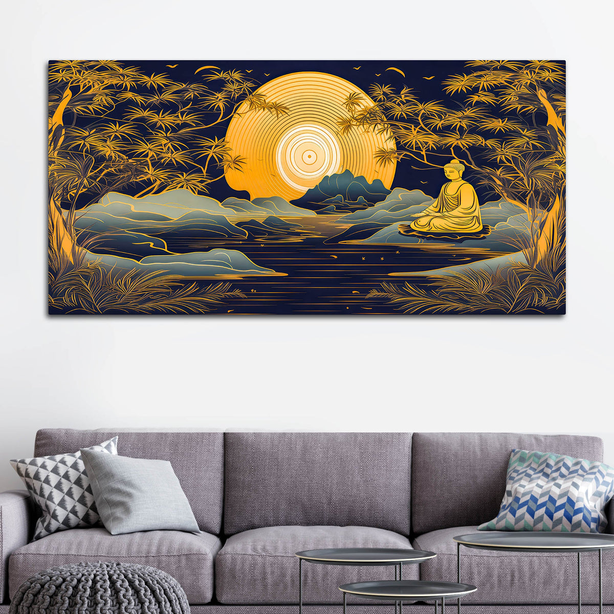 Calming Buddha Canvas Painting with Moonlight & Nature