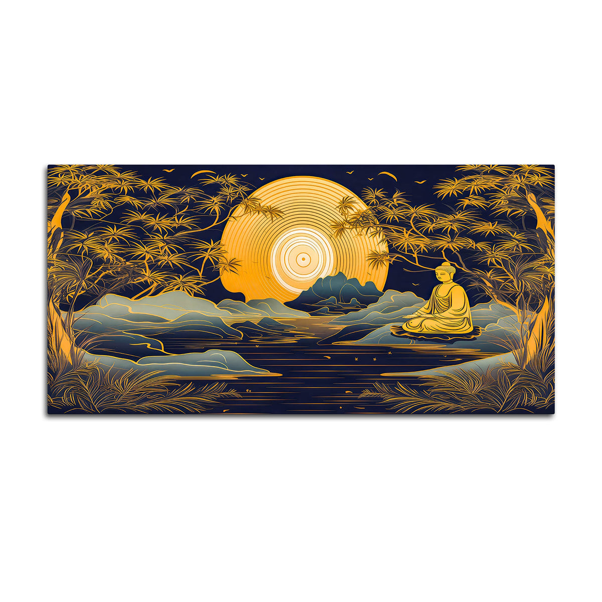 Calming Buddha Canvas Painting with Moonlight & Nature