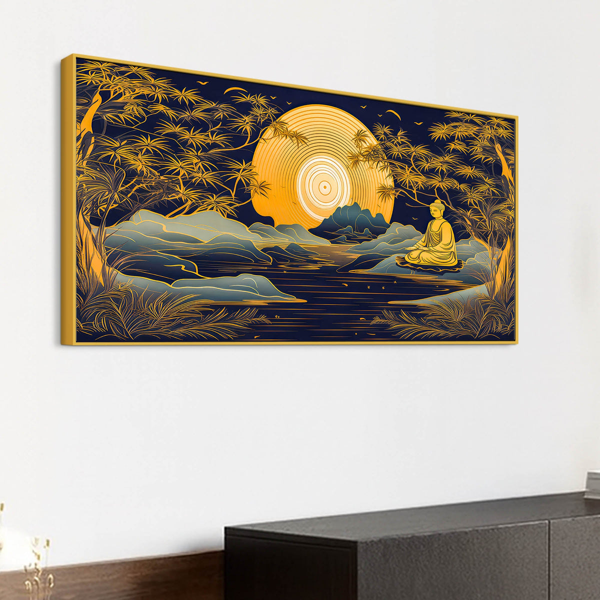 Calming Buddha Canvas Painting with Moonlight & Nature