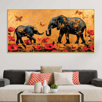 Caring Mother Elephant with Baby In Floral Garden Canvas Wall Painting