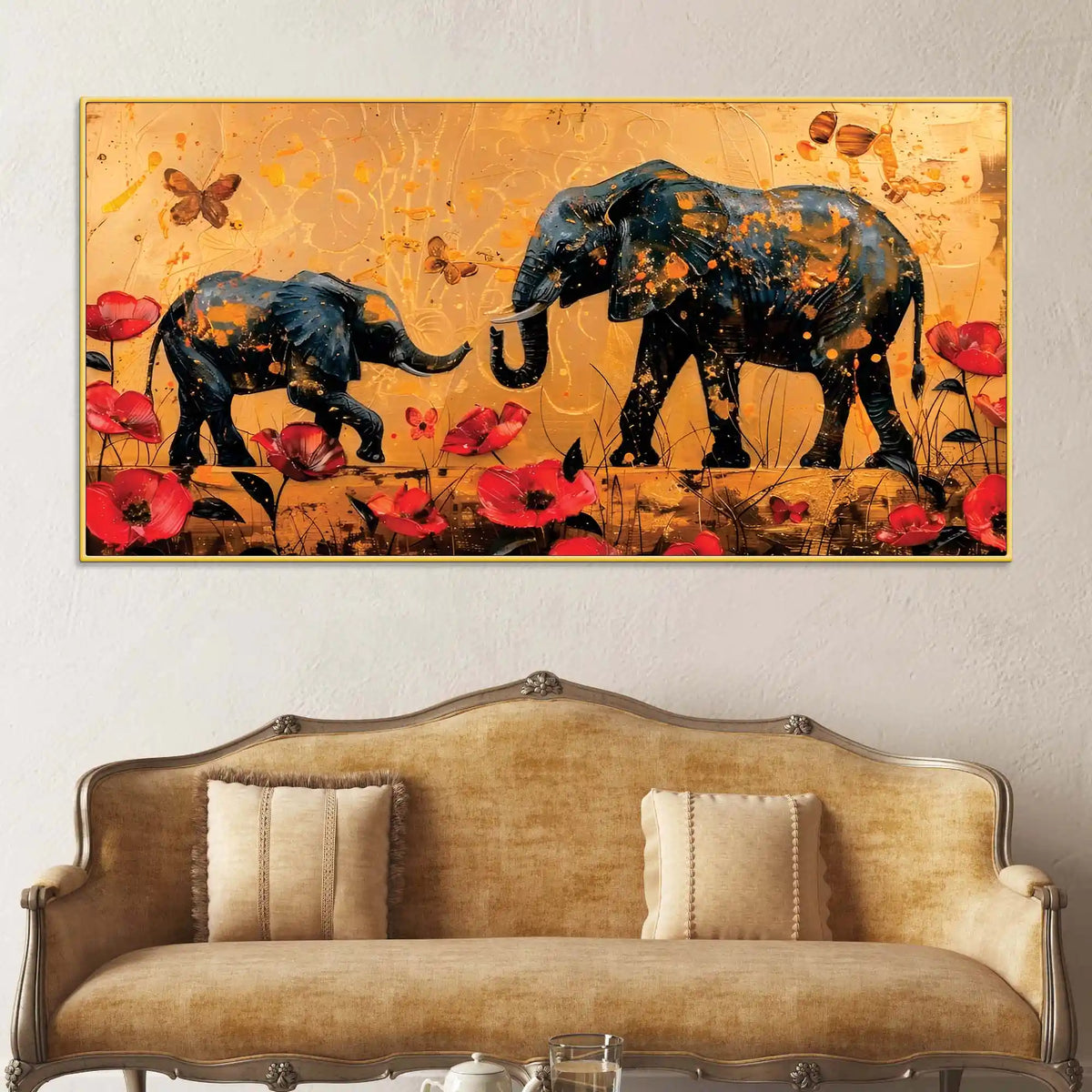 Caring Mother Elephant with Baby In Floral Garden Canvas Wall Painting