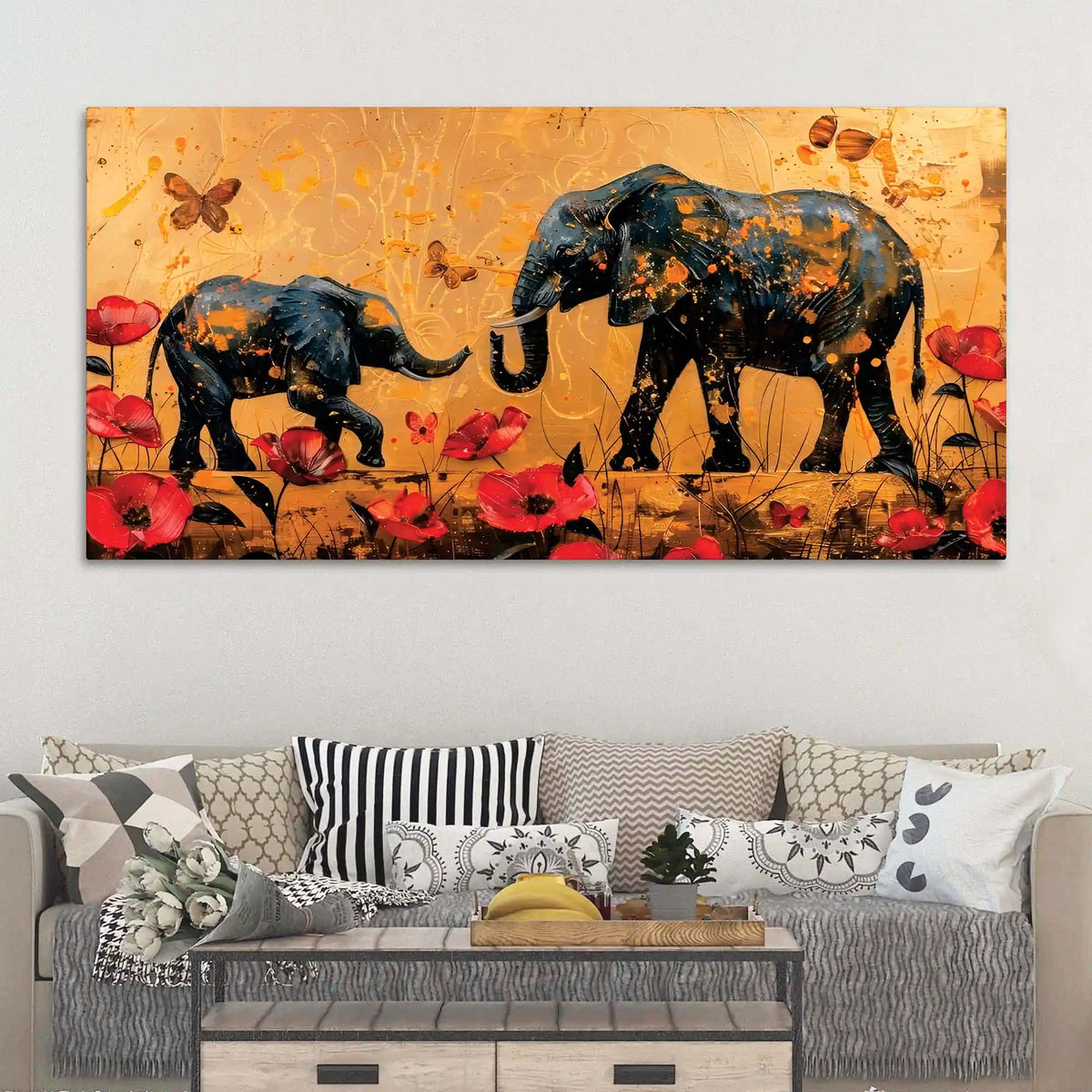 Caring Mother Elephant with Baby In Floral Garden Canvas Wall Painting