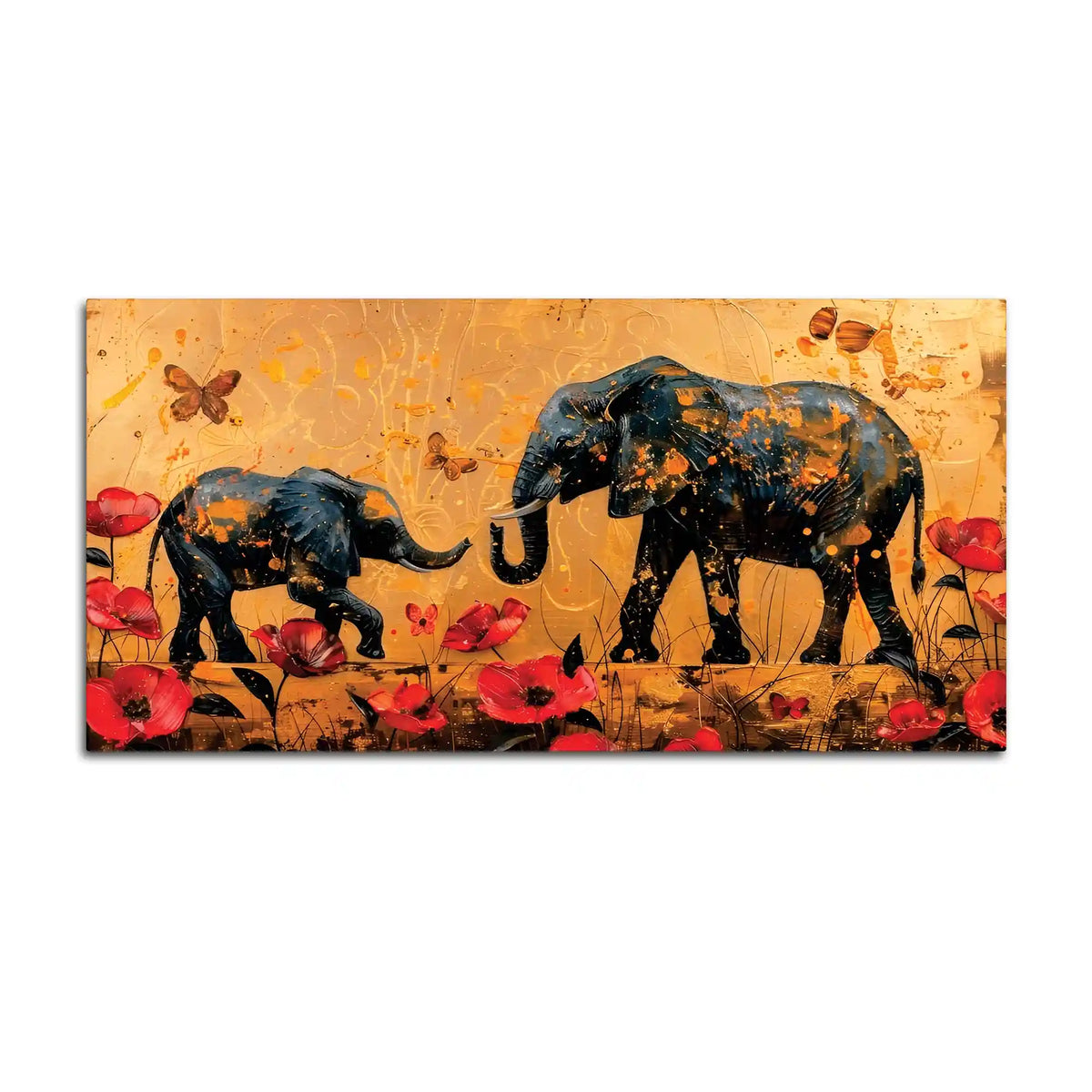 Caring Mother Elephant with Baby In Floral Garden Canvas Wall Painting