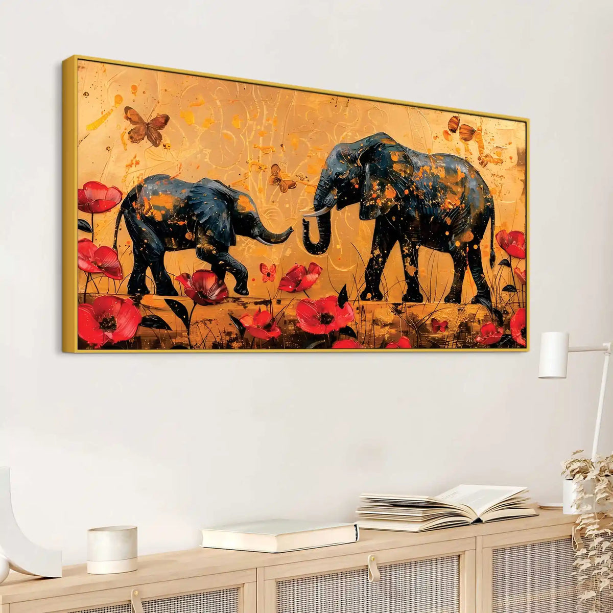 Caring Mother Elephant with Baby In Floral Garden Canvas Wall Painting