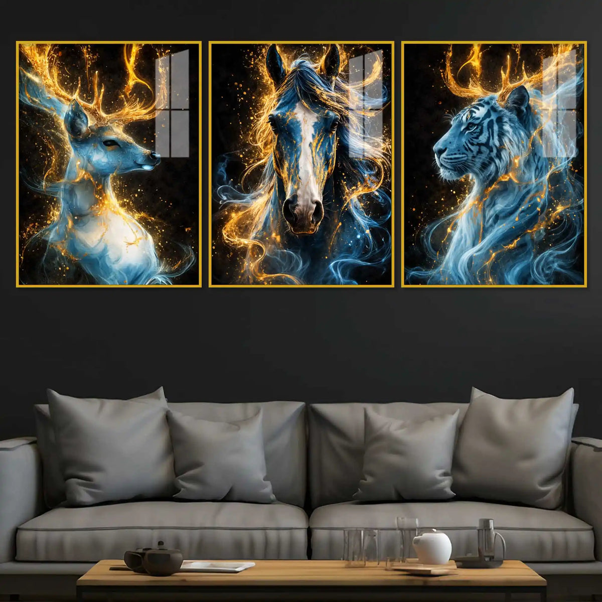 Celestial Beasts Acrylic Floating Frame Wall Painting Set of 3
