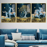 Celestial Deer & Horses Acrylic Floating Frame Wall Painting Set of 3