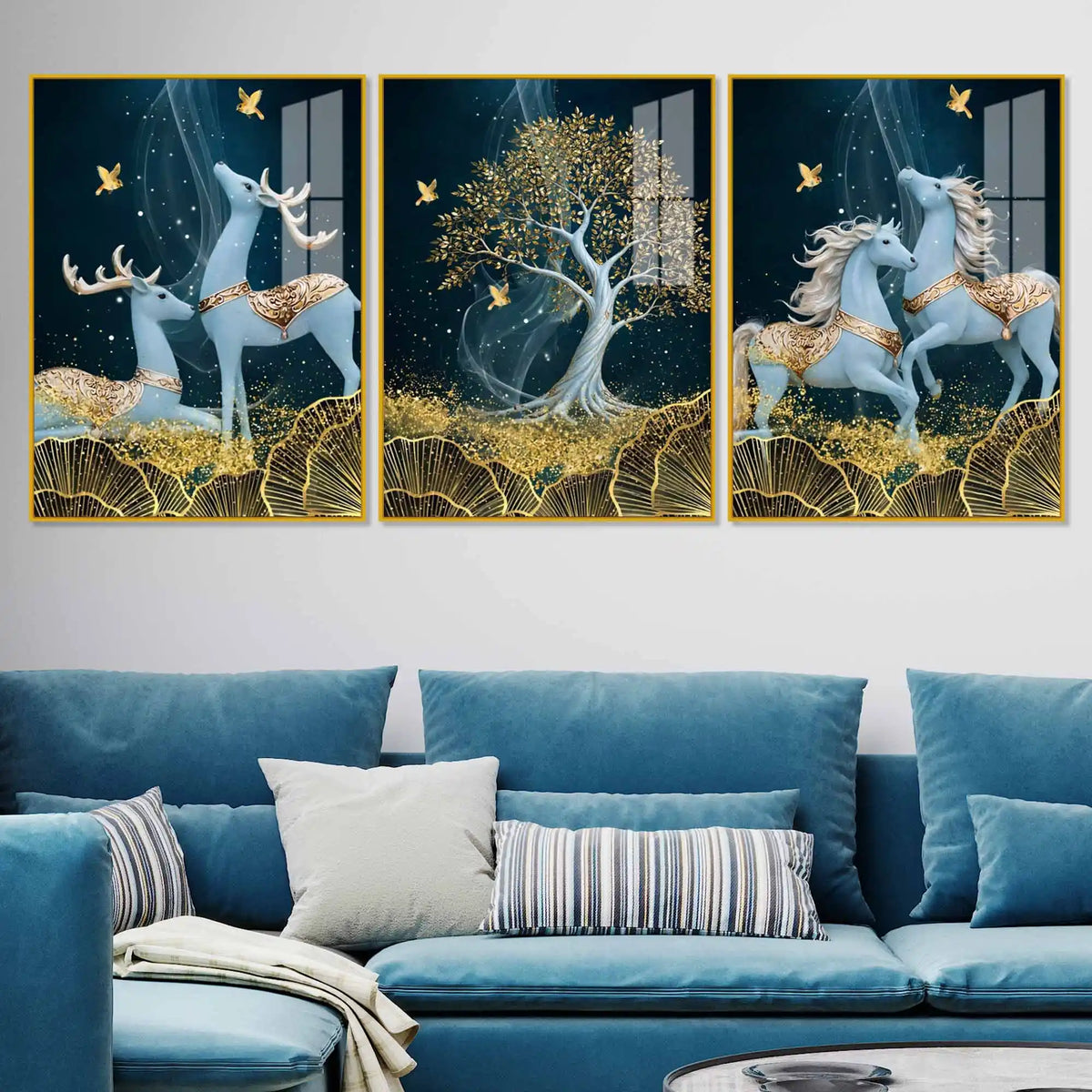 Celestial Deer & Horses Acrylic Floating Frame Wall Painting Set of 3