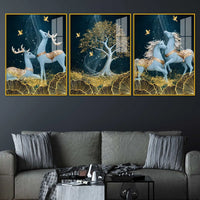 Celestial Deer & Horses Acrylic Floating Frame Wall Painting Set of 3