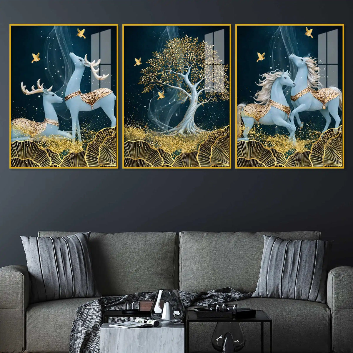Celestial Deer & Horses Acrylic Floating Frame Wall Painting Set of 3