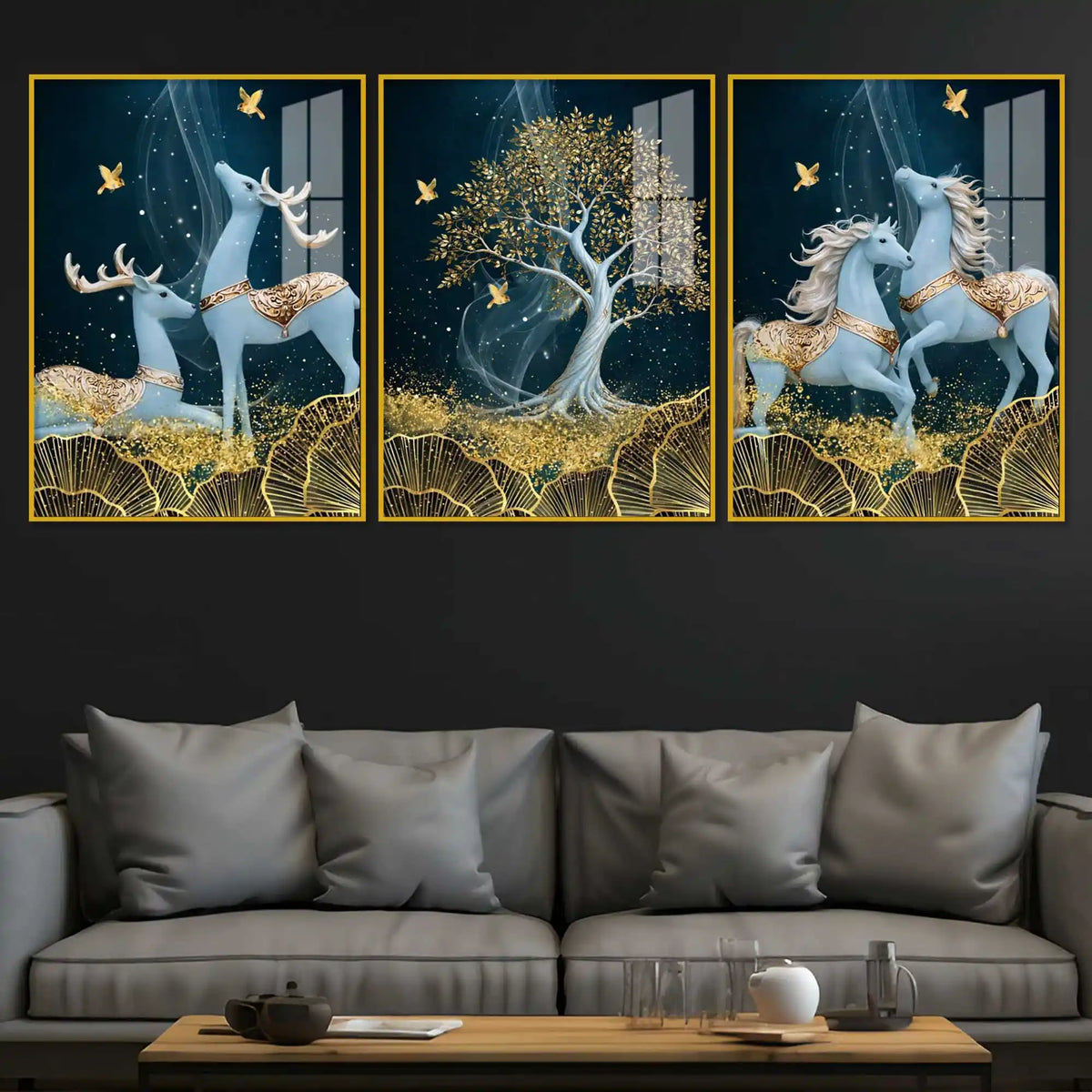 Celestial Deer & Horses Acrylic Floating Frame Wall Painting Set of 3