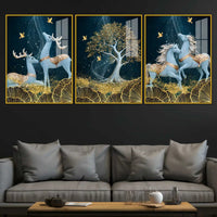 Celestial Deer & Horses Acrylic Floating Frame Wall Painting Set of 3
