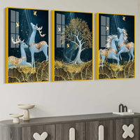 Celestial Deer & Horses Acrylic Floating Frame Wall Painting Set of 3