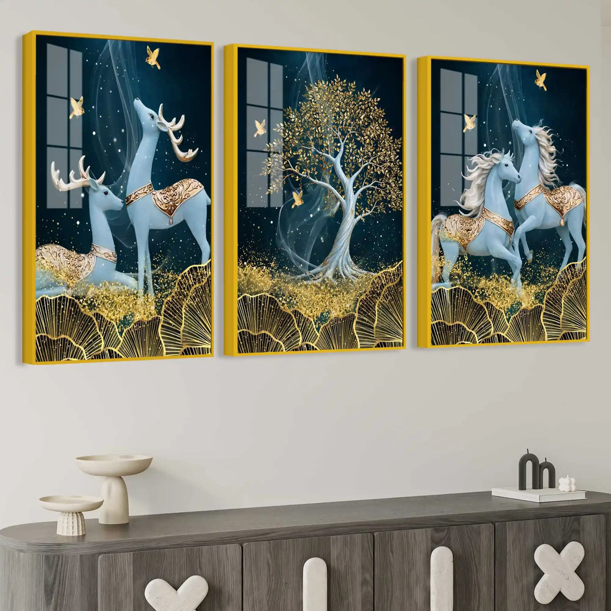 Celestial Deer & Horses Acrylic Floating Frame Wall Painting Set of 3