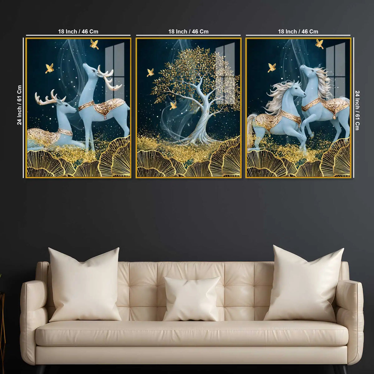 Celestial Deer & Horses Acrylic Floating Frame Wall Painting Set of 3