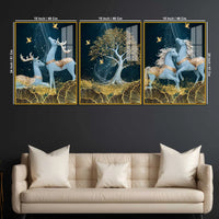 Celestial Deer & Horses Acrylic Floating Frame Wall Painting Set of 3