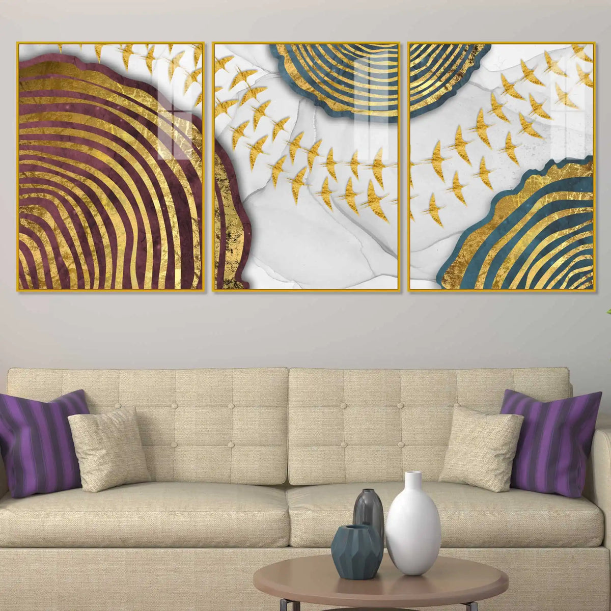 Celestial Gold Geometry Acrylic Floating Frame Wall Painting Set of 3