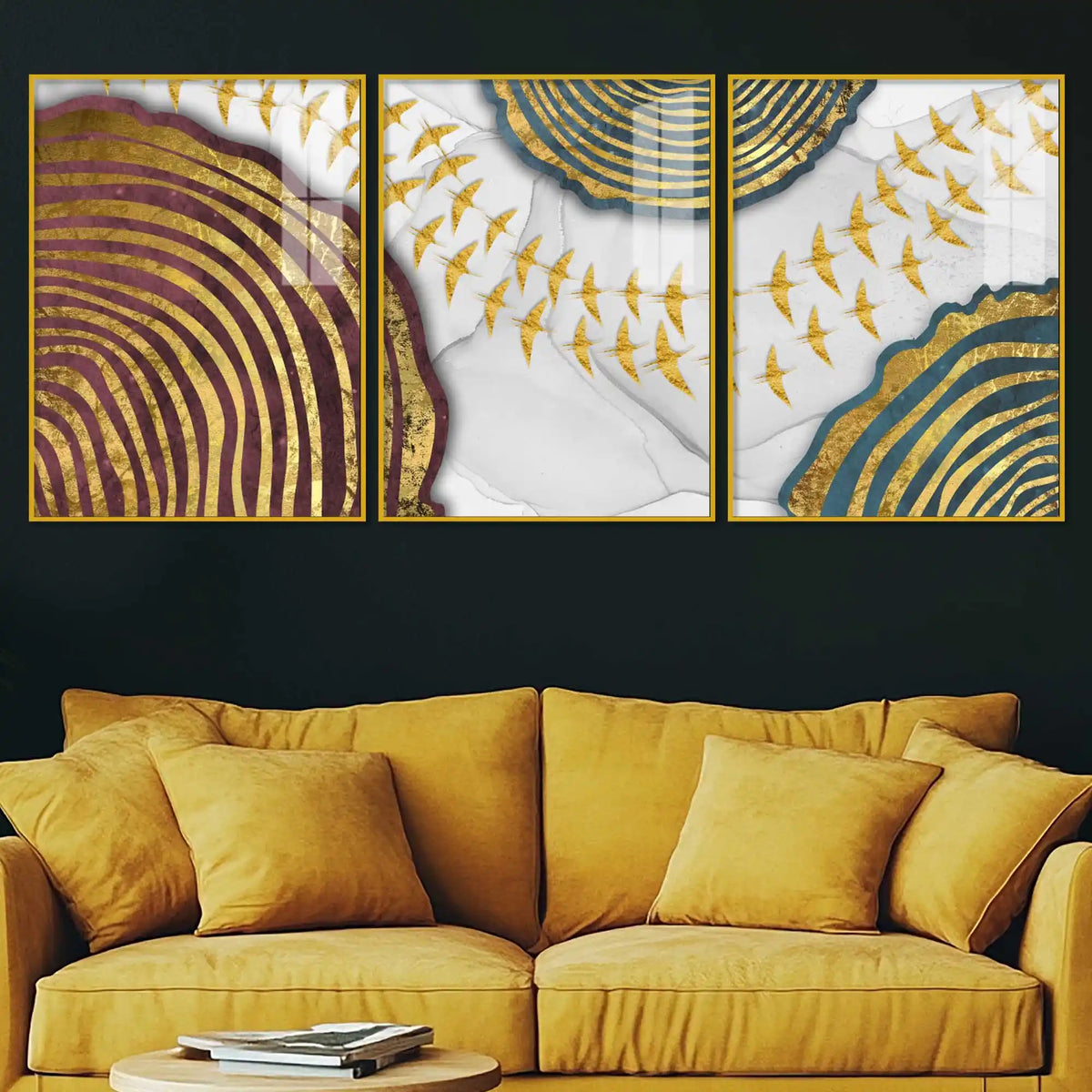 Celestial Gold Geometry Acrylic Floating Frame Wall Painting Set of 3