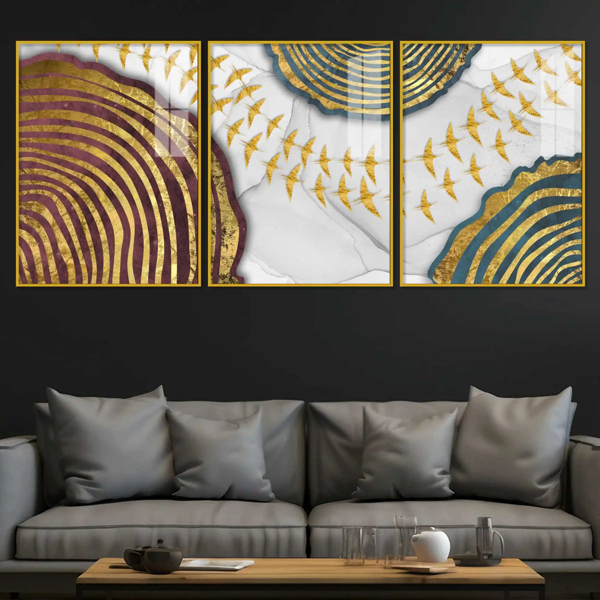 Celestial Gold Geometry Acrylic Floating Frame Wall Painting Set of 3