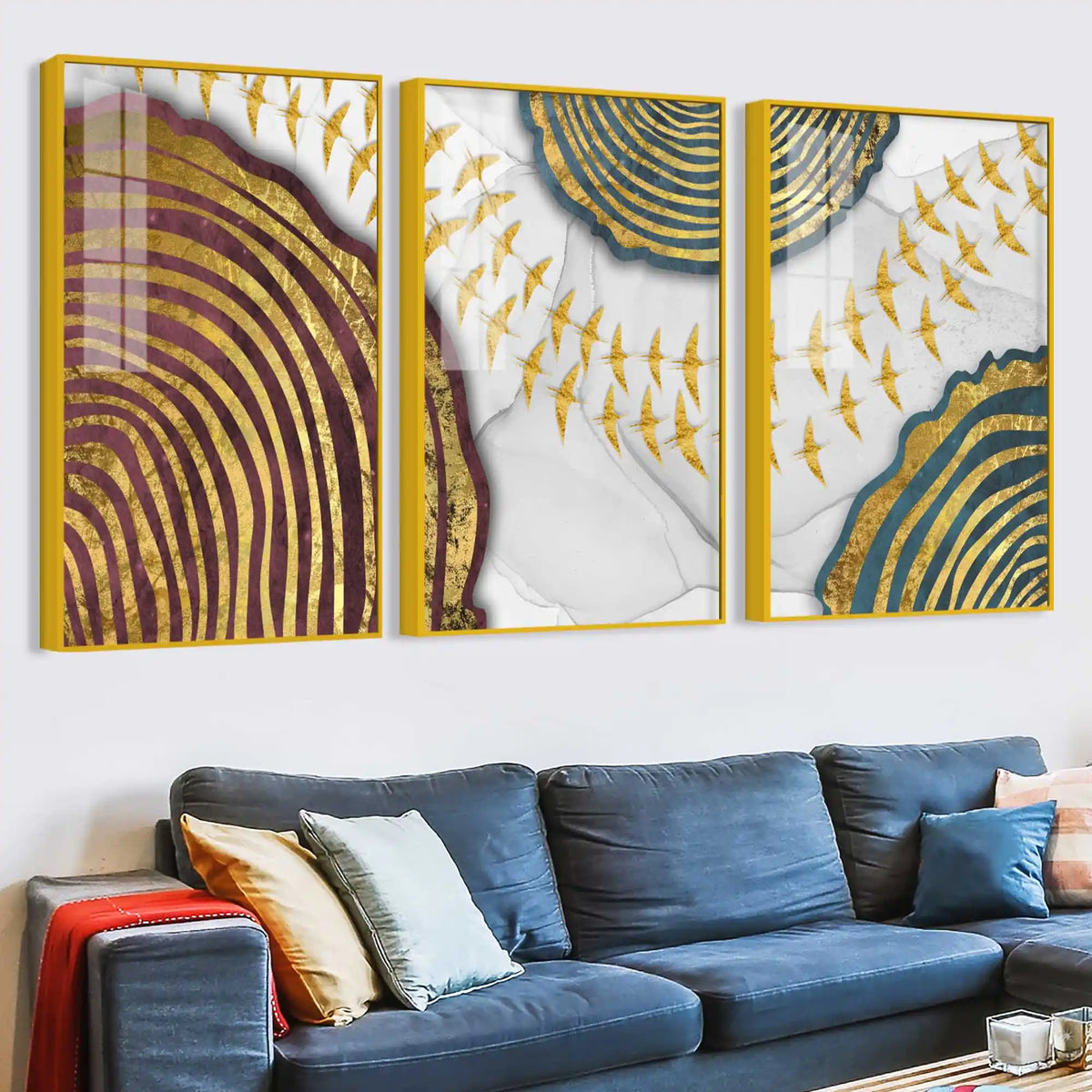 Celestial Gold Geometry Acrylic Floating Frame Wall Painting Set of 3