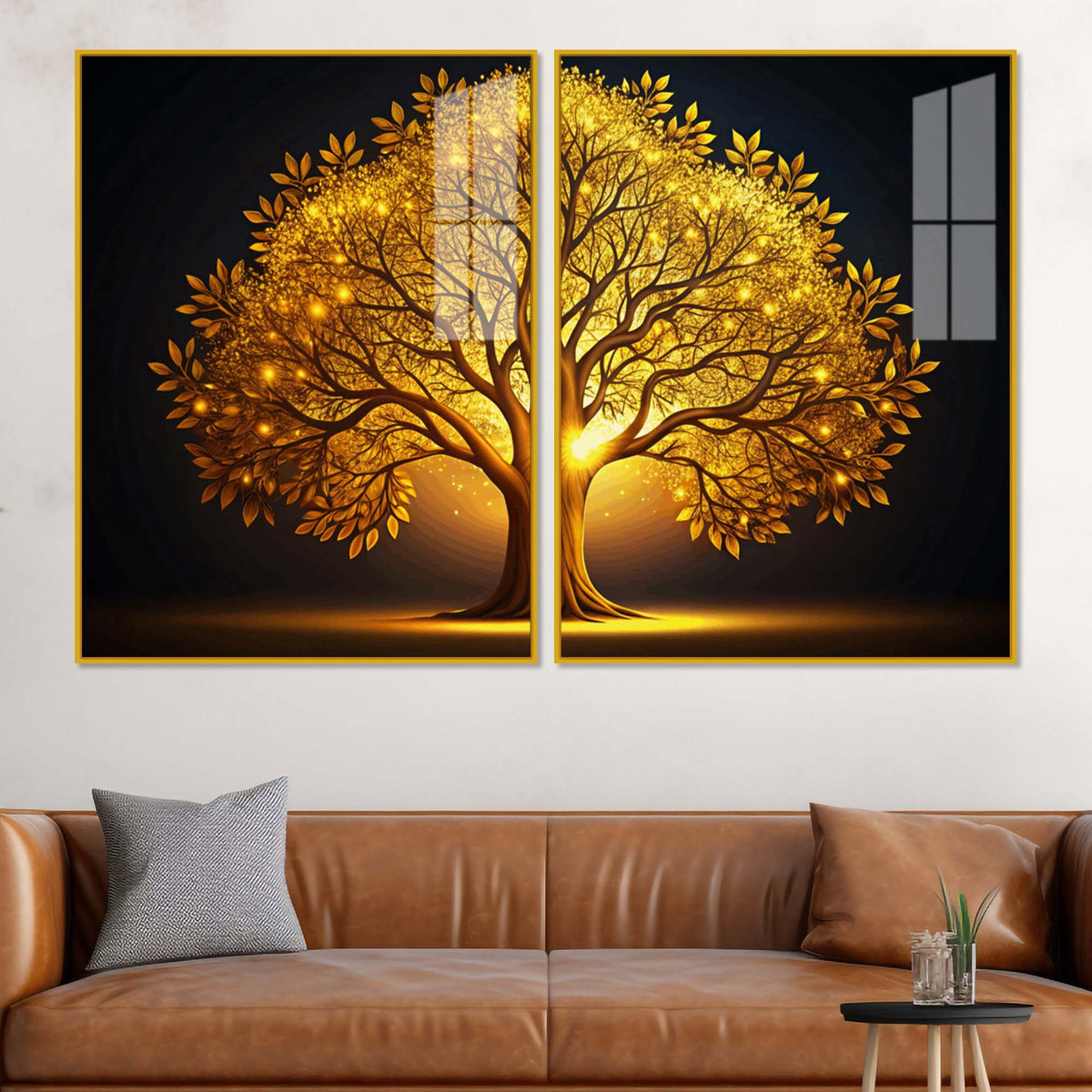 Celestial Golden Tree Acrylic Floating Wall Painting Set of 2