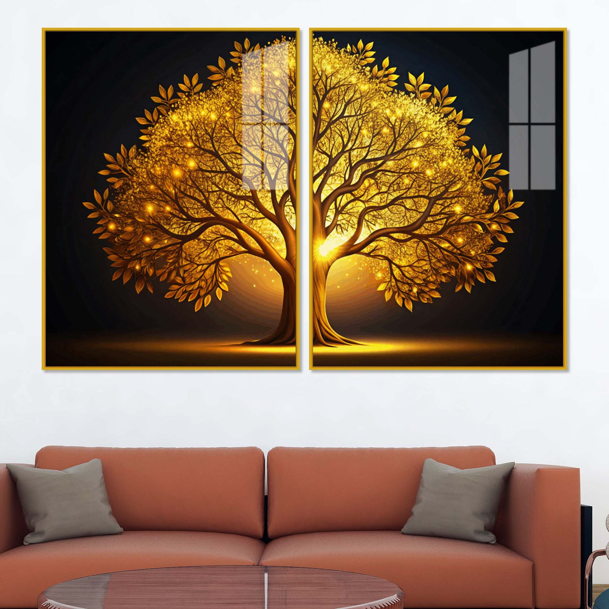 Celestial Golden Tree Acrylic Floating Wall Painting Set of 2