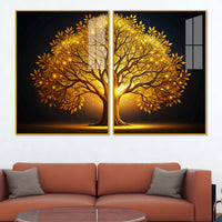 Celestial Golden Tree Acrylic Floating Wall Painting Set of 2