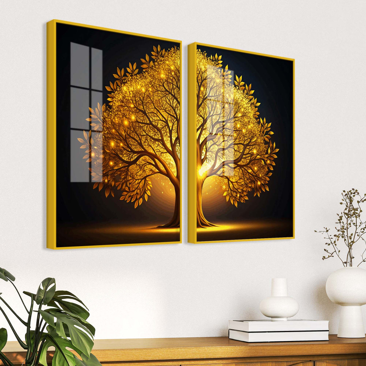 Celestial Golden Tree Acrylic Floating Wall Painting Set of 2