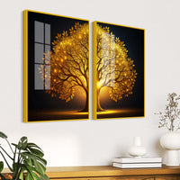 Celestial Golden Tree Acrylic Floating Wall Painting Set of 2