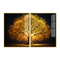 Celestial Golden Tree Acrylic Floating Wall Painting Set of 2