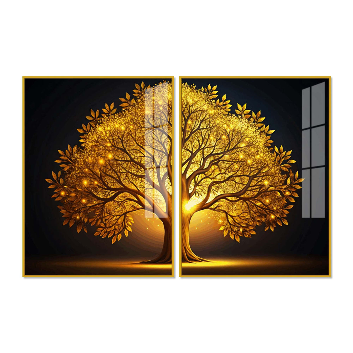 Celestial Golden Tree Acrylic Floating Wall Painting Set of 2
