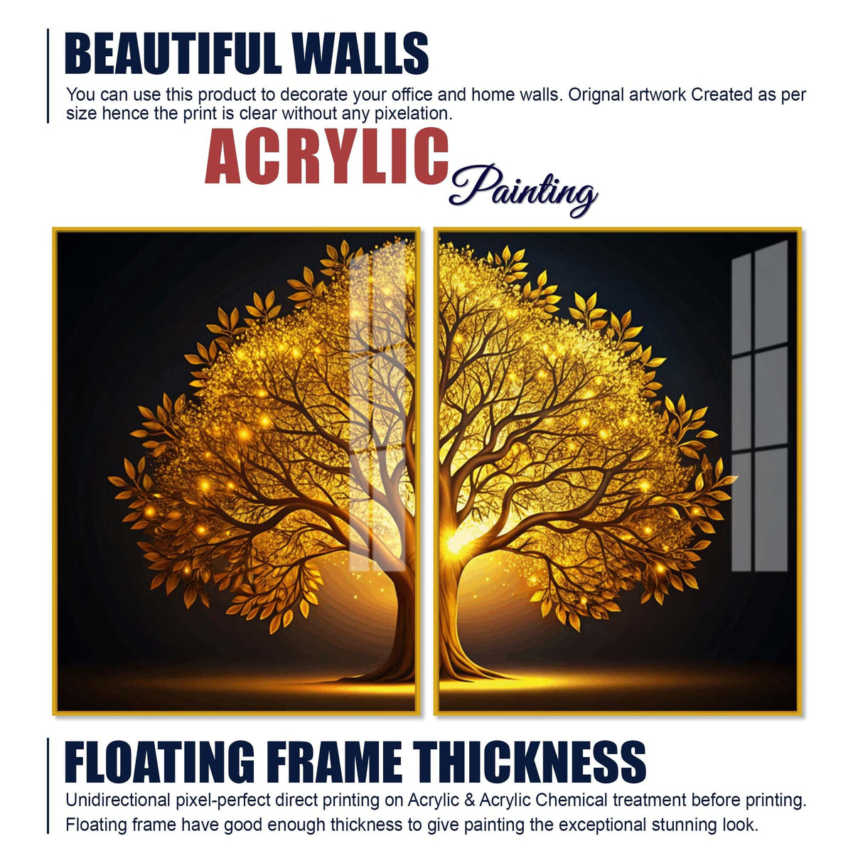 Celestial Golden Tree Acrylic Floating Wall Painting Set of 2