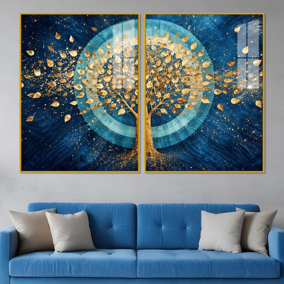 Celestial Golden Tree of Prosperity Acrylic Floating Wall Painting Set of 2