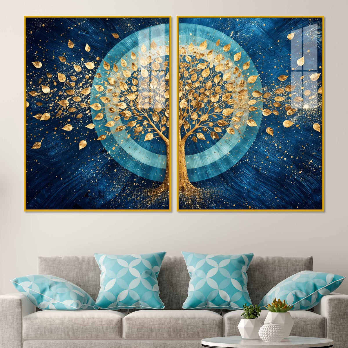 Celestial Golden Tree of Prosperity Acrylic Floating Wall Painting Set of 2