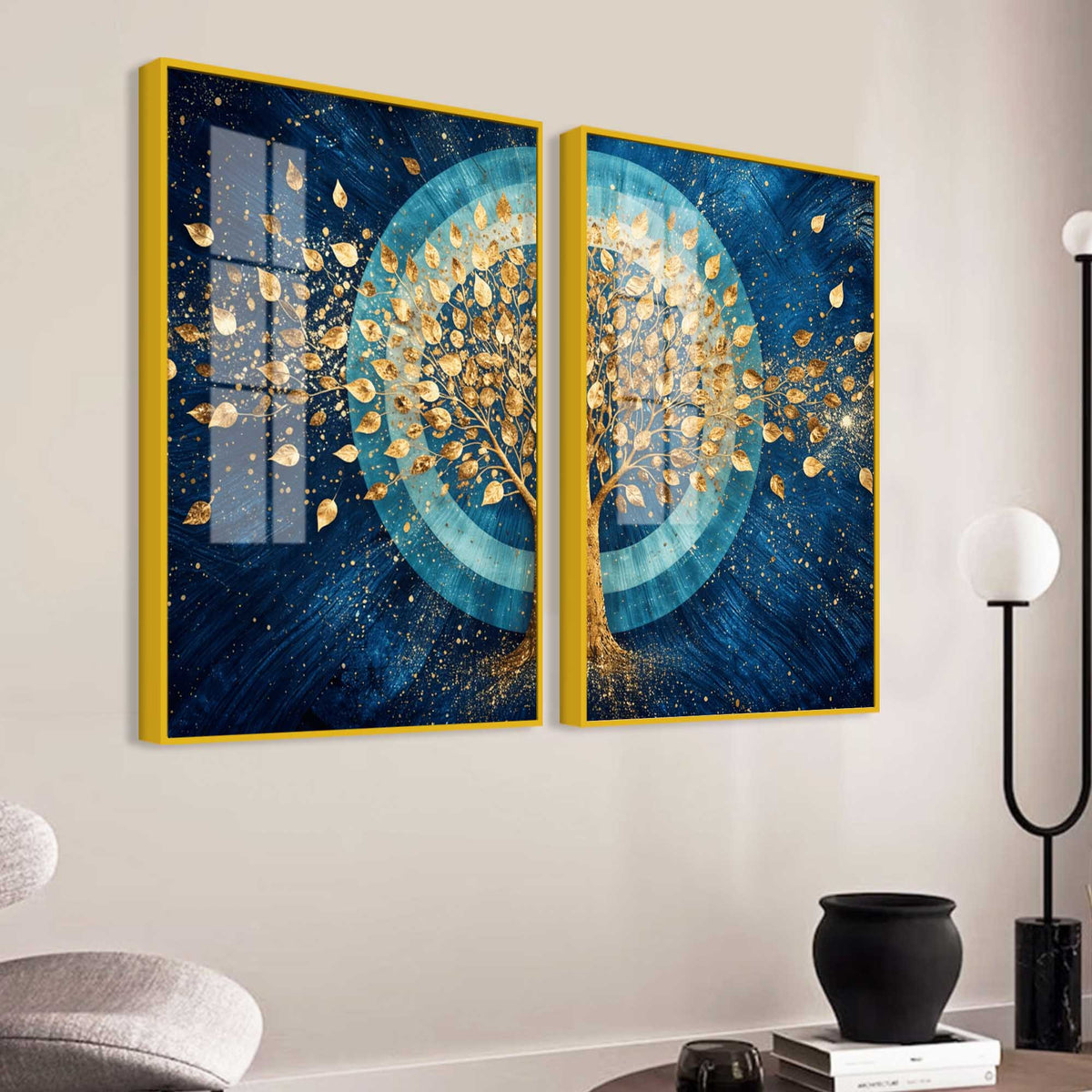Celestial Golden Tree of Prosperity Acrylic Floating Wall Painting Set of 2