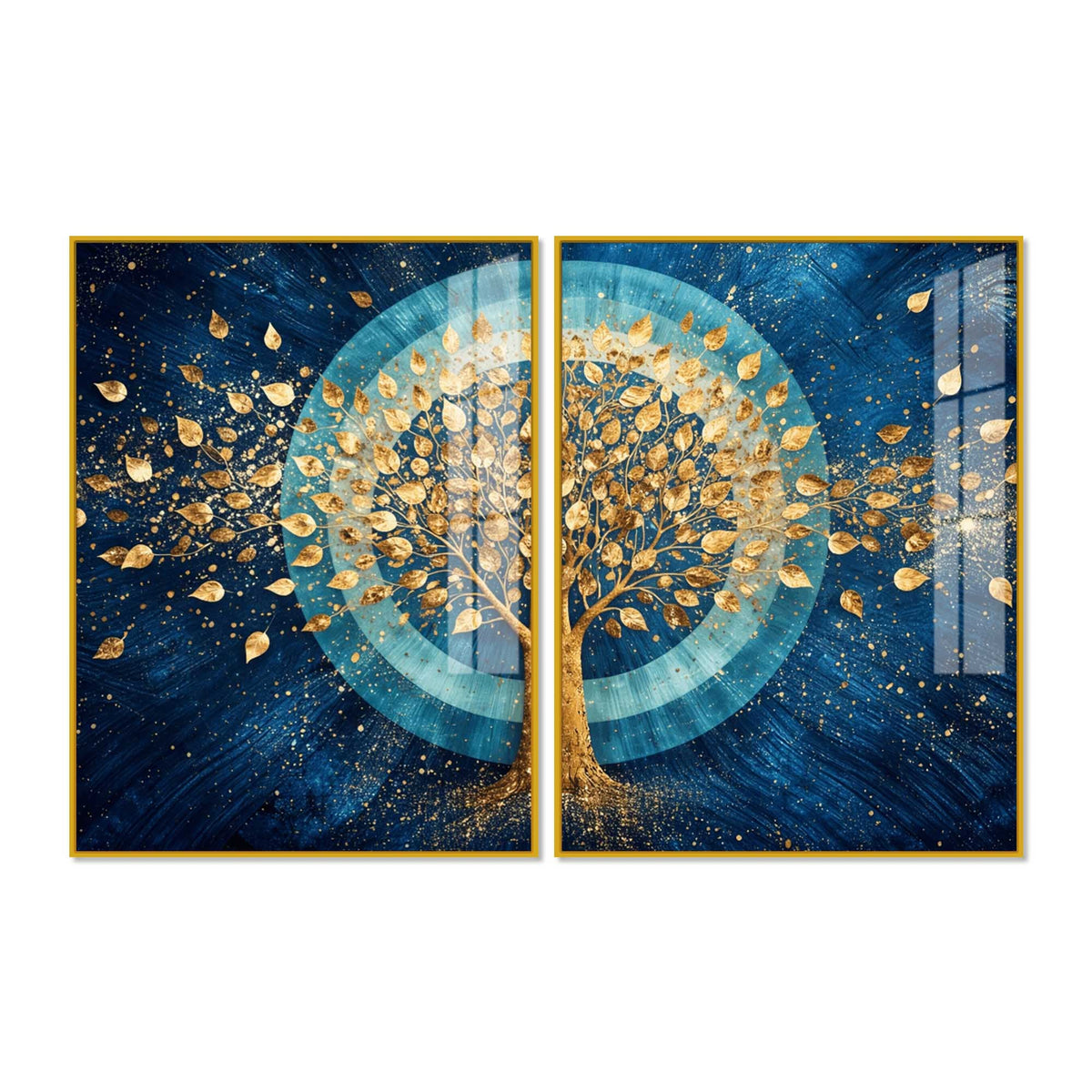 Celestial Golden Tree of Prosperity Acrylic Floating Wall Painting Set of 2