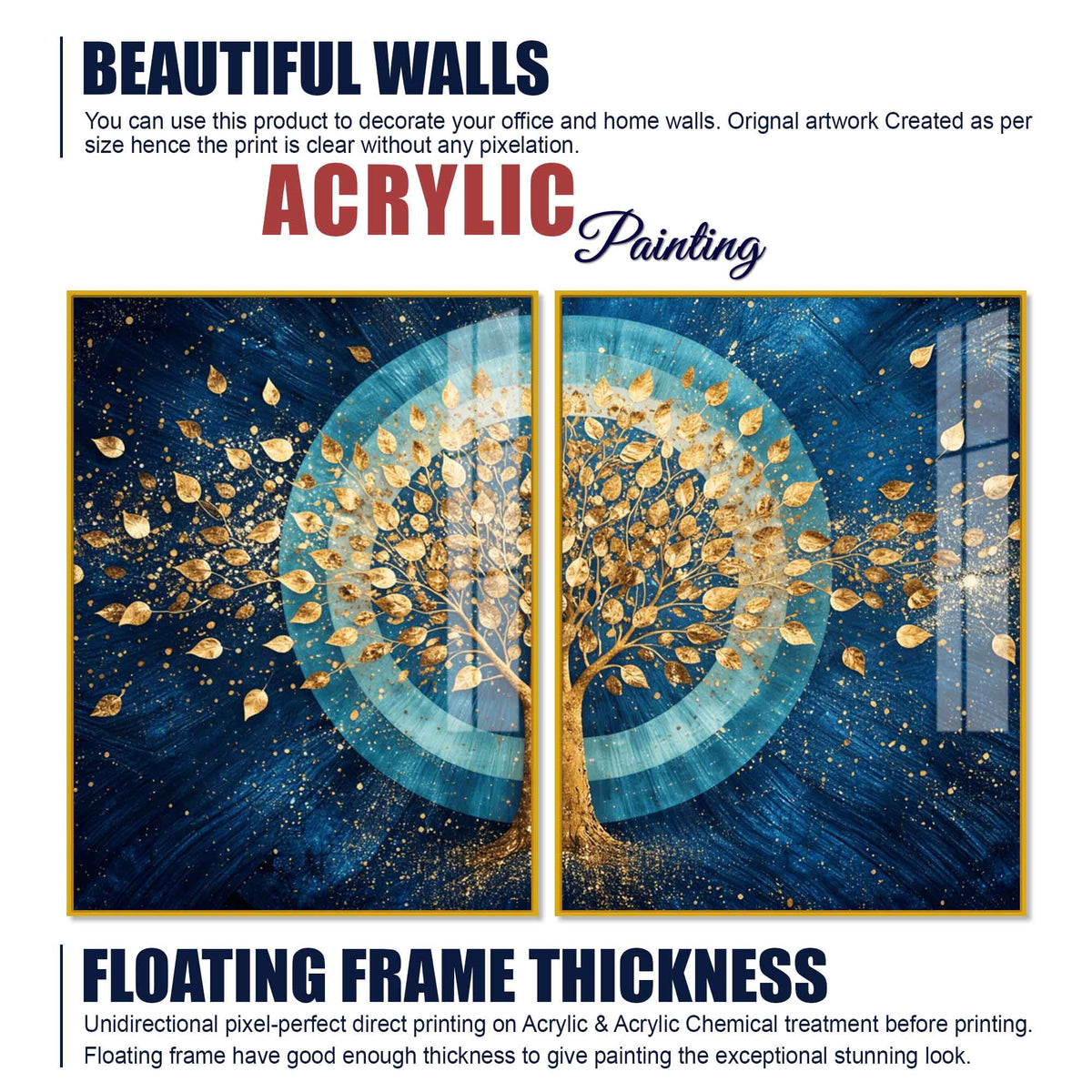 Celestial Golden Tree of Prosperity Acrylic Floating Wall Painting Set of 2