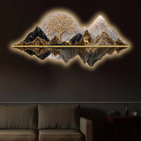 Celestial Tree Golden Deer & Mountains Crystal Glass Backlit LED Wall Art
