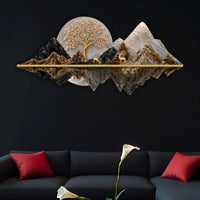 Celestial Tree Golden Deer & Mountains Crystal Glass Backlit LED Wall Art