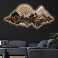 Celestial Tree Golden Deer & Mountains Crystal Glass Backlit LED Wall Art