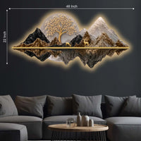 Celestial Tree Golden Deer & Mountains Crystal Glass Backlit LED Wall Art