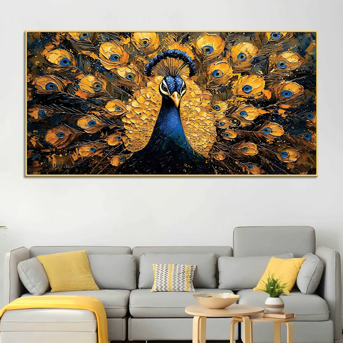Charming Golden Blue Peacock Canvas Wall Painting for Home & Office