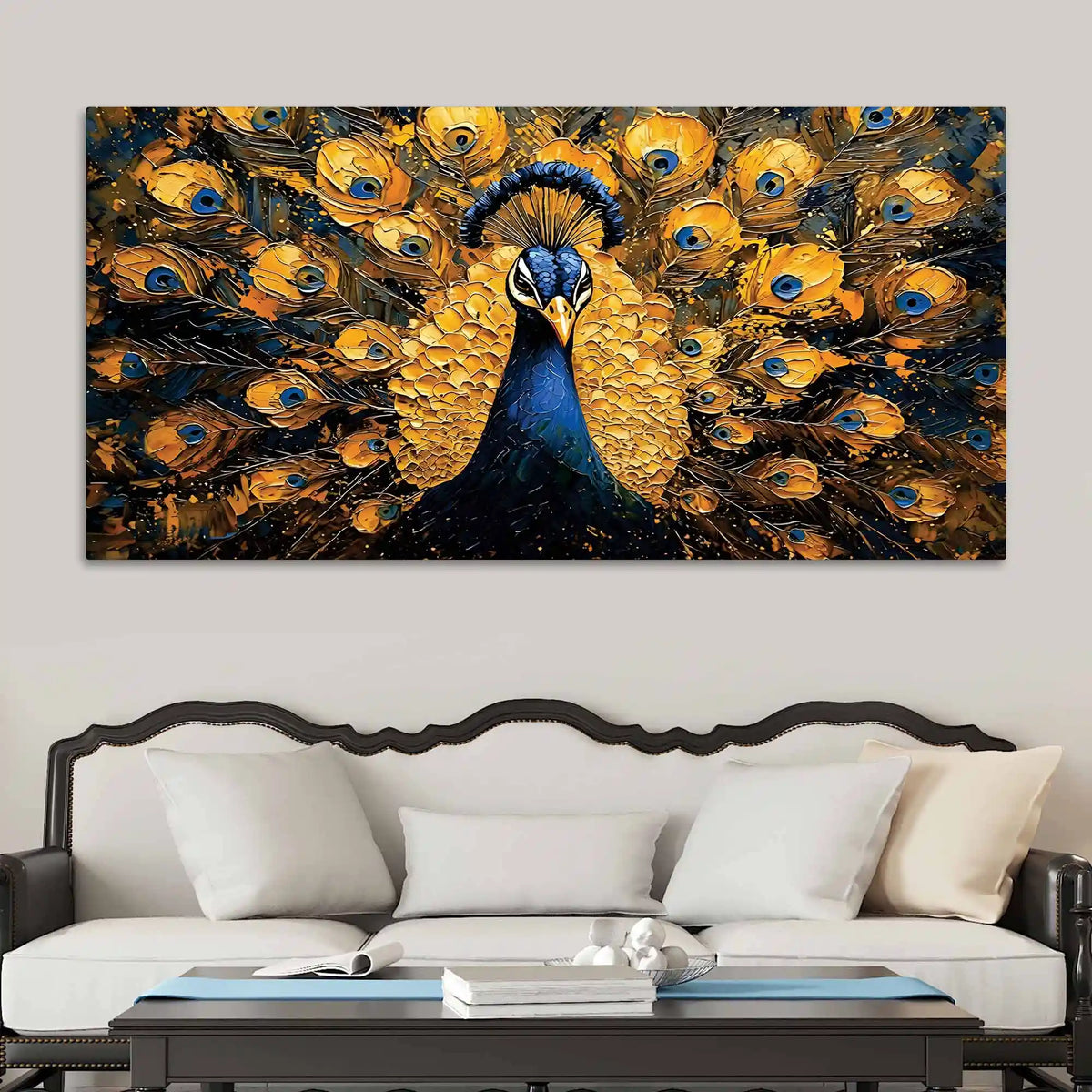 Charming Golden Blue Peacock Canvas Wall Painting for Home & Office