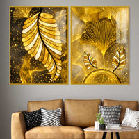 Charming Golden Ginkgo Leaves Acrylic Floating Wall Painting Set of 2