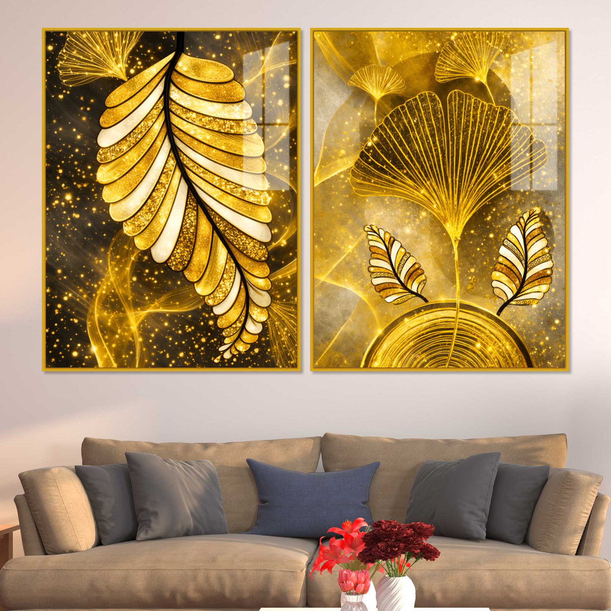 Charming Golden Ginkgo Leaves Acrylic Floating Wall Painting Set of 2