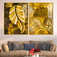 Charming Golden Ginkgo Leaves Acrylic Floating Wall Painting Set of 2