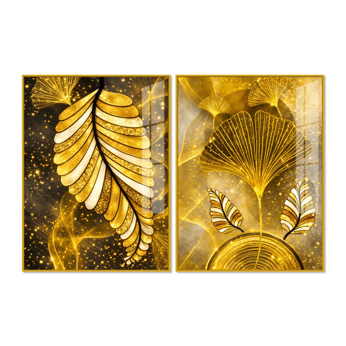 Charming Golden Ginkgo Leaves Acrylic Floating Wall Painting Set of 2