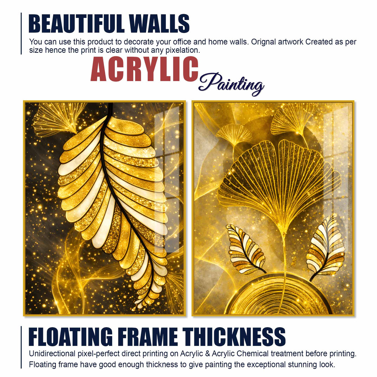 Charming Golden Ginkgo Leaves Acrylic Floating Wall Painting Set of 2
